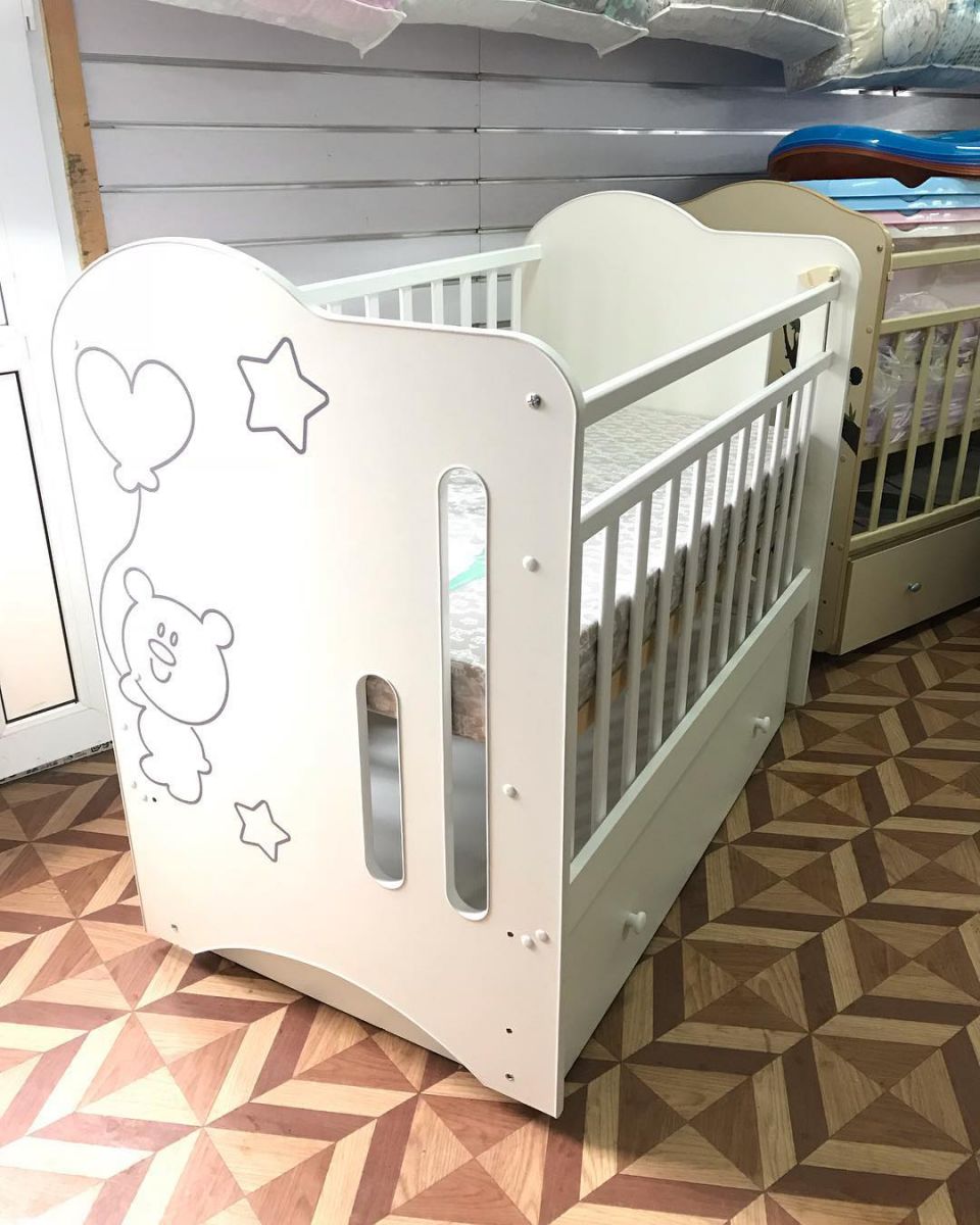 Кровать детская mini loft 3d star and bear маятник с ящиком белый 1200х600